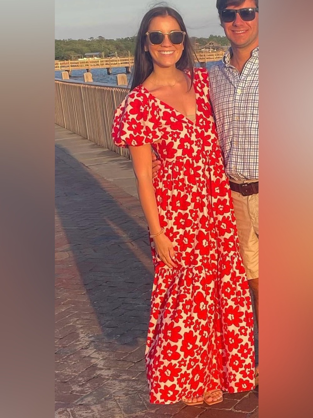 Zara Red and Cream Floral Puff-Sleeve Maxi Dress with V-Neck